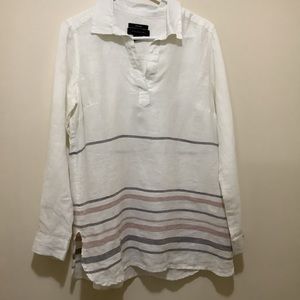 Tahari Women’s Tunic Top Small White Gray Stripe 100% Linen V-Neck Long Sleeve